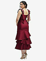 Front View Thumbnail - Burgundy Bow-Shoulder Satin Midi Dress with Asymmetrical Tiered Skirt