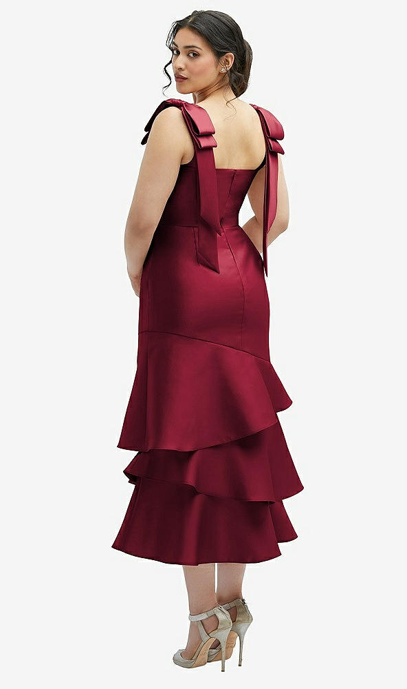 Front View - Burgundy Bow-Shoulder Satin Midi Dress with Asymmetrical Tiered Skirt