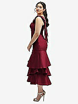 Side View Thumbnail - Burgundy Bow-Shoulder Satin Midi Dress with Asymmetrical Tiered Skirt