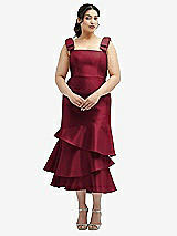 Rear View Thumbnail - Burgundy Bow-Shoulder Satin Midi Dress with Asymmetrical Tiered Skirt