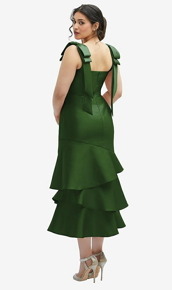 Front View - Celtic Bow-Shoulder Satin Midi Dress with Asymmetrical Tiered Skirt