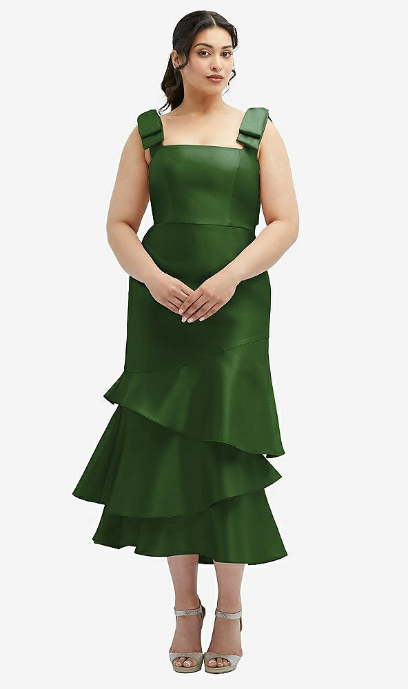 Back View - Celtic Bow-Shoulder Satin Midi Dress with Asymmetrical Tiered Skirt