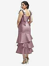 Front View Thumbnail - Dusty Rose Bow-Shoulder Satin Midi Dress with Asymmetrical Tiered Skirt