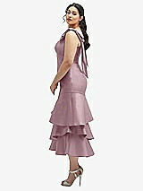 Side View Thumbnail - Dusty Rose Bow-Shoulder Satin Midi Dress with Asymmetrical Tiered Skirt