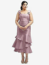 Rear View Thumbnail - Dusty Rose Bow-Shoulder Satin Midi Dress with Asymmetrical Tiered Skirt