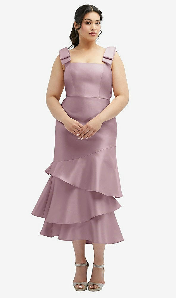 Back View - Dusty Rose Bow-Shoulder Satin Midi Dress with Asymmetrical Tiered Skirt