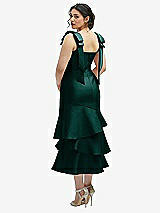 Front View Thumbnail - Evergreen Bow-Shoulder Satin Midi Dress with Asymmetrical Tiered Skirt