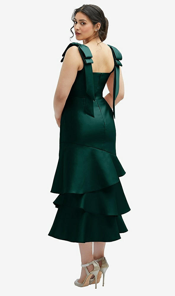 Front View - Evergreen Bow-Shoulder Satin Midi Dress with Asymmetrical Tiered Skirt
