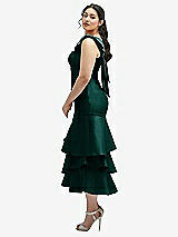 Side View Thumbnail - Evergreen Bow-Shoulder Satin Midi Dress with Asymmetrical Tiered Skirt