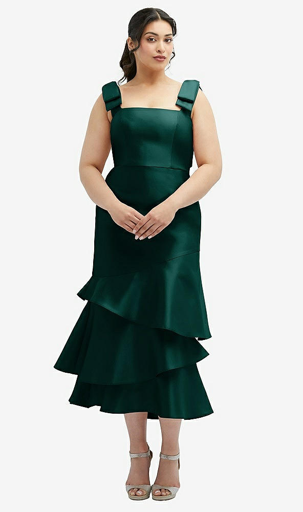 Back View - Evergreen Bow-Shoulder Satin Midi Dress with Asymmetrical Tiered Skirt