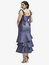 Front View Thumbnail - French Blue Bow-Shoulder Satin Midi Dress with Asymmetrical Tiered Skirt