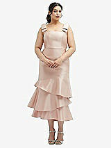 Rear View Thumbnail - French Blue Bow-Shoulder Satin Midi Dress with Asymmetrical Tiered Skirt