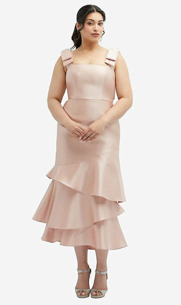 Back View - French Blue Bow-Shoulder Satin Midi Dress with Asymmetrical Tiered Skirt