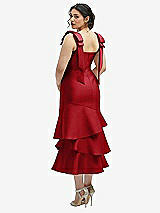 Front View Thumbnail - Garnet Bow-Shoulder Satin Midi Dress with Asymmetrical Tiered Skirt