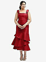 Rear View Thumbnail - Garnet Bow-Shoulder Satin Midi Dress with Asymmetrical Tiered Skirt