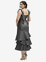 Front View Thumbnail - Gunmetal Bow-Shoulder Satin Midi Dress with Asymmetrical Tiered Skirt