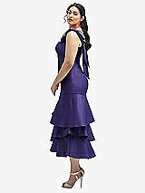 Side View Thumbnail - Grape Bow-Shoulder Satin Midi Dress with Asymmetrical Tiered Skirt