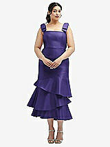 Rear View Thumbnail - Grape Bow-Shoulder Satin Midi Dress with Asymmetrical Tiered Skirt