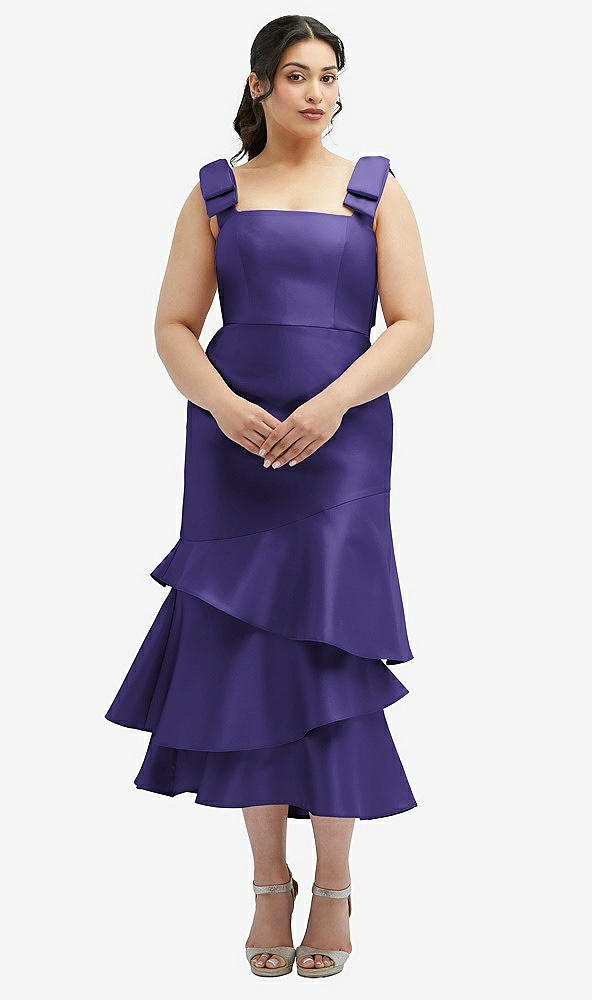 Back View - Grape Bow-Shoulder Satin Midi Dress with Asymmetrical Tiered Skirt