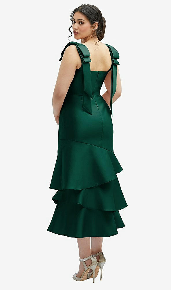 Front View - Hunter Green Bow-Shoulder Satin Midi Dress with Asymmetrical Tiered Skirt