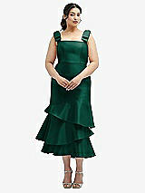 Rear View Thumbnail - Hunter Green Bow-Shoulder Satin Midi Dress with Asymmetrical Tiered Skirt
