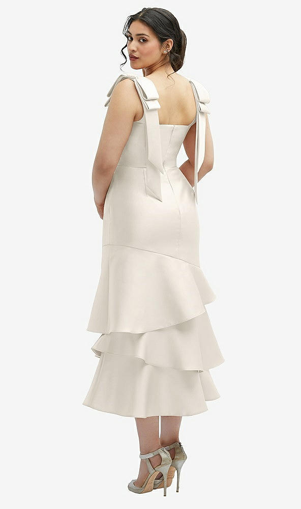 Front View - Ivory Bow-Shoulder Satin Midi Dress with Asymmetrical Tiered Skirt