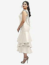 Side View Thumbnail - Ivory Bow-Shoulder Satin Midi Dress with Asymmetrical Tiered Skirt