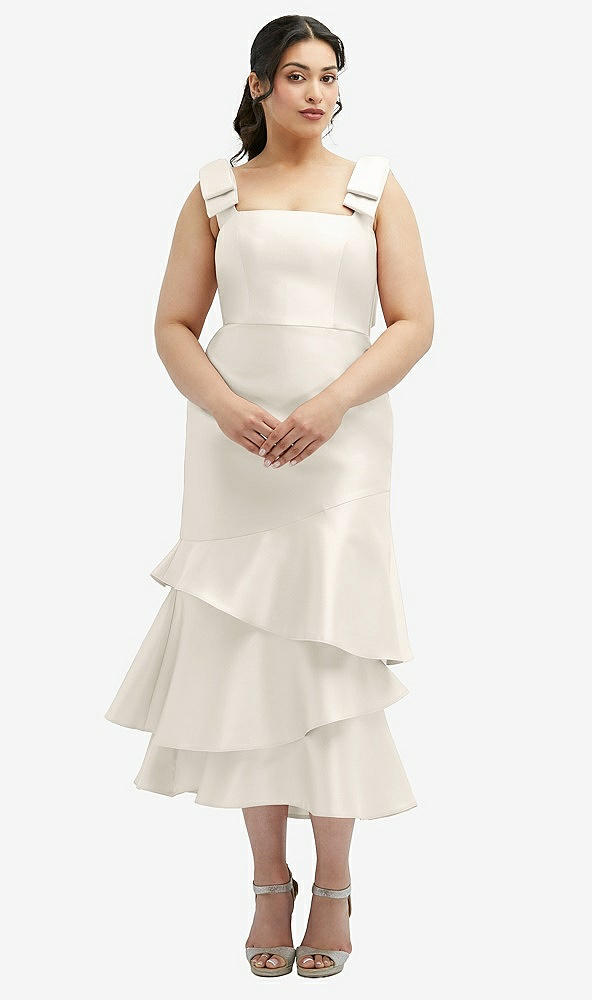 Back View - Ivory Bow-Shoulder Satin Midi Dress with Asymmetrical Tiered Skirt