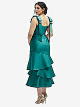 Front View Thumbnail - Jade Bow-Shoulder Satin Midi Dress with Asymmetrical Tiered Skirt
