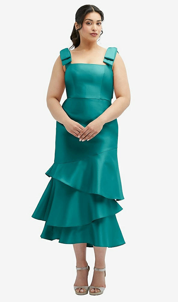 Back View - Jade Bow-Shoulder Satin Midi Dress with Asymmetrical Tiered Skirt