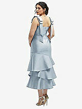 Front View Thumbnail - Mist Bow-Shoulder Satin Midi Dress with Asymmetrical Tiered Skirt