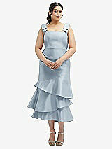 Rear View Thumbnail - Mist Bow-Shoulder Satin Midi Dress with Asymmetrical Tiered Skirt