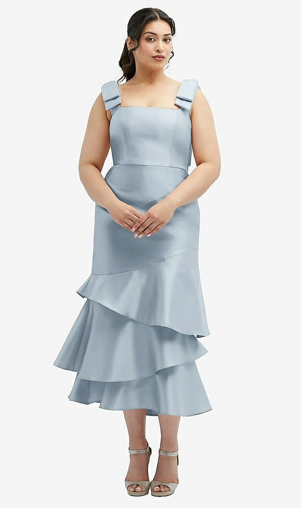 Back View - Mist Bow-Shoulder Satin Midi Dress with Asymmetrical Tiered Skirt
