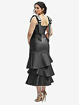 Front View Thumbnail - Pewter Bow-Shoulder Satin Midi Dress with Asymmetrical Tiered Skirt