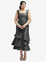 Rear View Thumbnail - Pewter Bow-Shoulder Satin Midi Dress with Asymmetrical Tiered Skirt