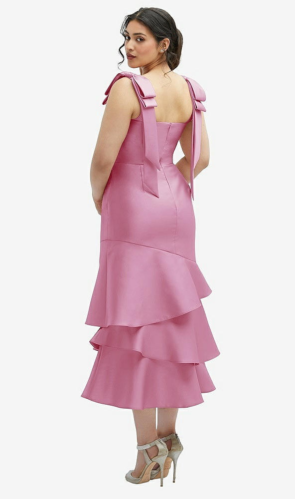 Front View - Powder Pink Bow-Shoulder Satin Midi Dress with Asymmetrical Tiered Skirt