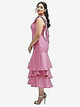 Side View Thumbnail - Powder Pink Bow-Shoulder Satin Midi Dress with Asymmetrical Tiered Skirt