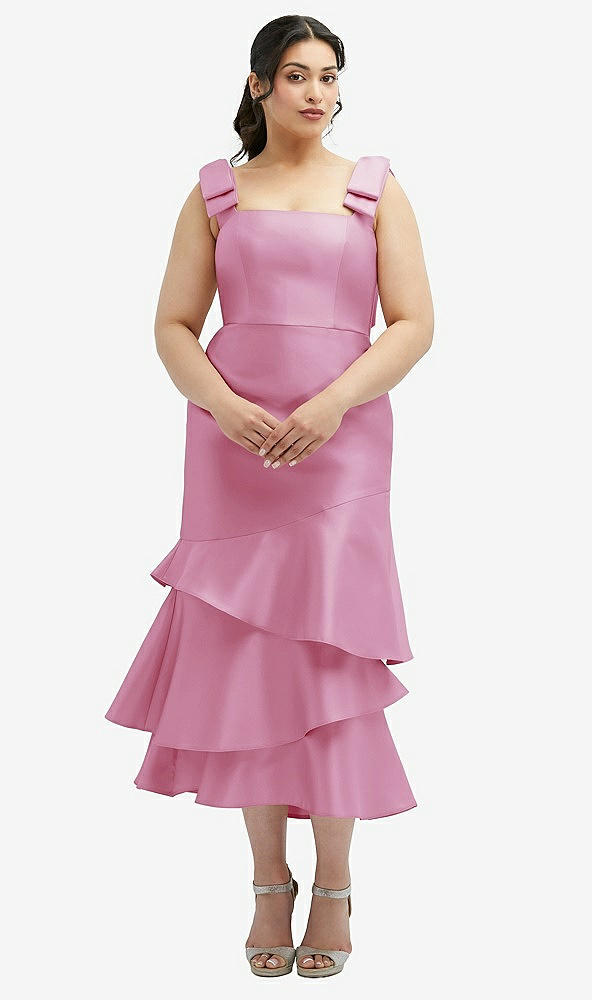 Back View - Powder Pink Bow-Shoulder Satin Midi Dress with Asymmetrical Tiered Skirt