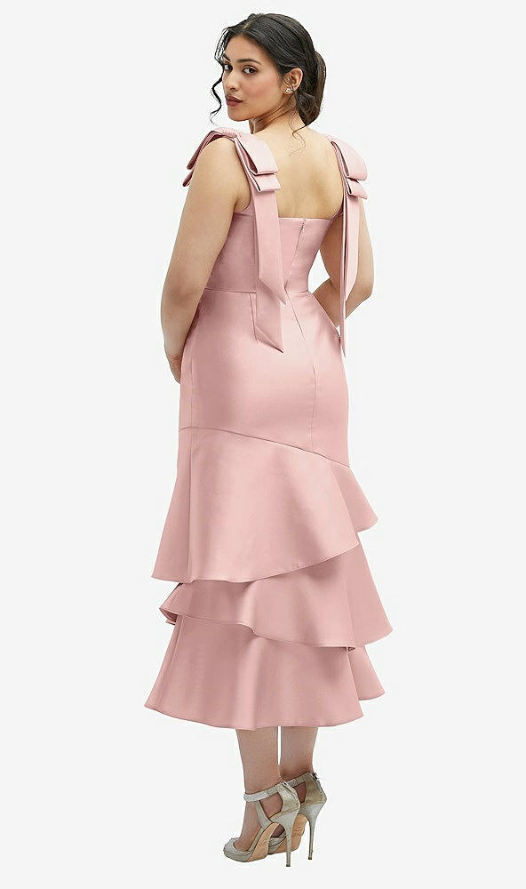 Front View - Rose - PANTONE Rose Quartz Bow-Shoulder Satin Midi Dress with Asymmetrical Tiered Skirt