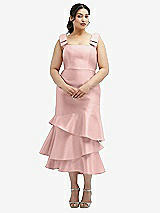 Rear View Thumbnail - Rose - PANTONE Rose Quartz Bow-Shoulder Satin Midi Dress with Asymmetrical Tiered Skirt