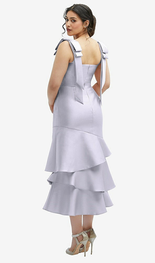 Front View - Silver Dove Bow-Shoulder Satin Midi Dress with Asymmetrical Tiered Skirt