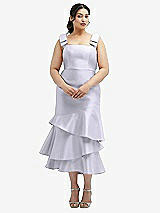 Rear View Thumbnail - Silver Dove Bow-Shoulder Satin Midi Dress with Asymmetrical Tiered Skirt