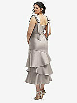 Front View Thumbnail - Taupe Bow-Shoulder Satin Midi Dress with Asymmetrical Tiered Skirt