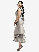 Side View Thumbnail - Taupe Bow-Shoulder Satin Midi Dress with Asymmetrical Tiered Skirt