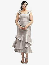 Rear View Thumbnail - Taupe Bow-Shoulder Satin Midi Dress with Asymmetrical Tiered Skirt