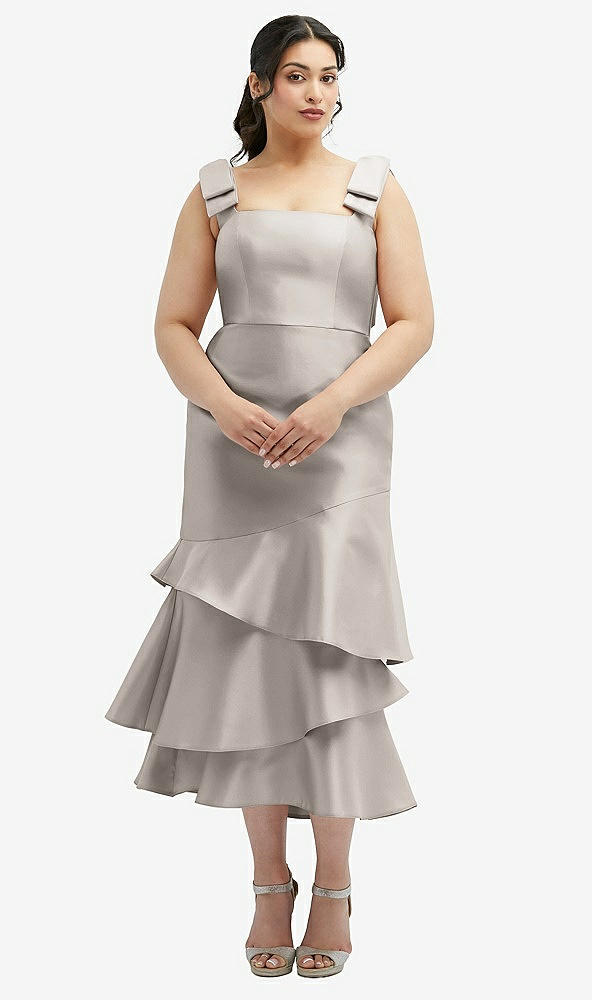 Back View - Taupe Bow-Shoulder Satin Midi Dress with Asymmetrical Tiered Skirt