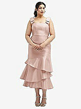Rear View Thumbnail - Toasted Sugar Bow-Shoulder Satin Midi Dress with Asymmetrical Tiered Skirt