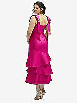 Front View Thumbnail - Think Pink Bow-Shoulder Satin Midi Dress with Asymmetrical Tiered Skirt