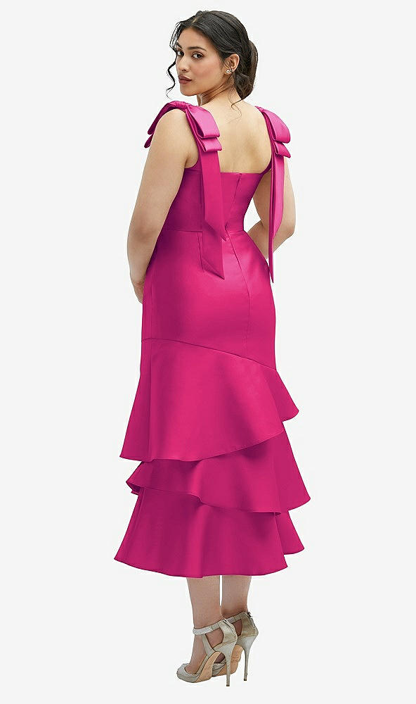 Front View - Think Pink Bow-Shoulder Satin Midi Dress with Asymmetrical Tiered Skirt