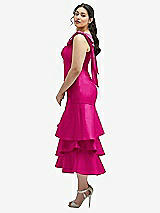 Side View Thumbnail - Think Pink Bow-Shoulder Satin Midi Dress with Asymmetrical Tiered Skirt
